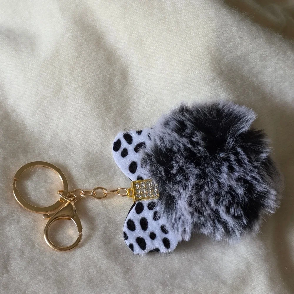Faux Fur Pom Pom Keychain Dalmatian Print Bow Gold Bag Charm Grey Black Spotted